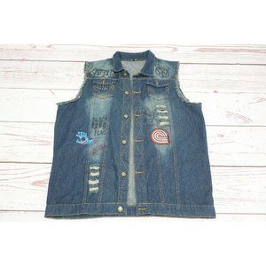 NASKY Men's XXL Ripped Distress Denim Vest Sleeveless Jean Vest Concert Festival